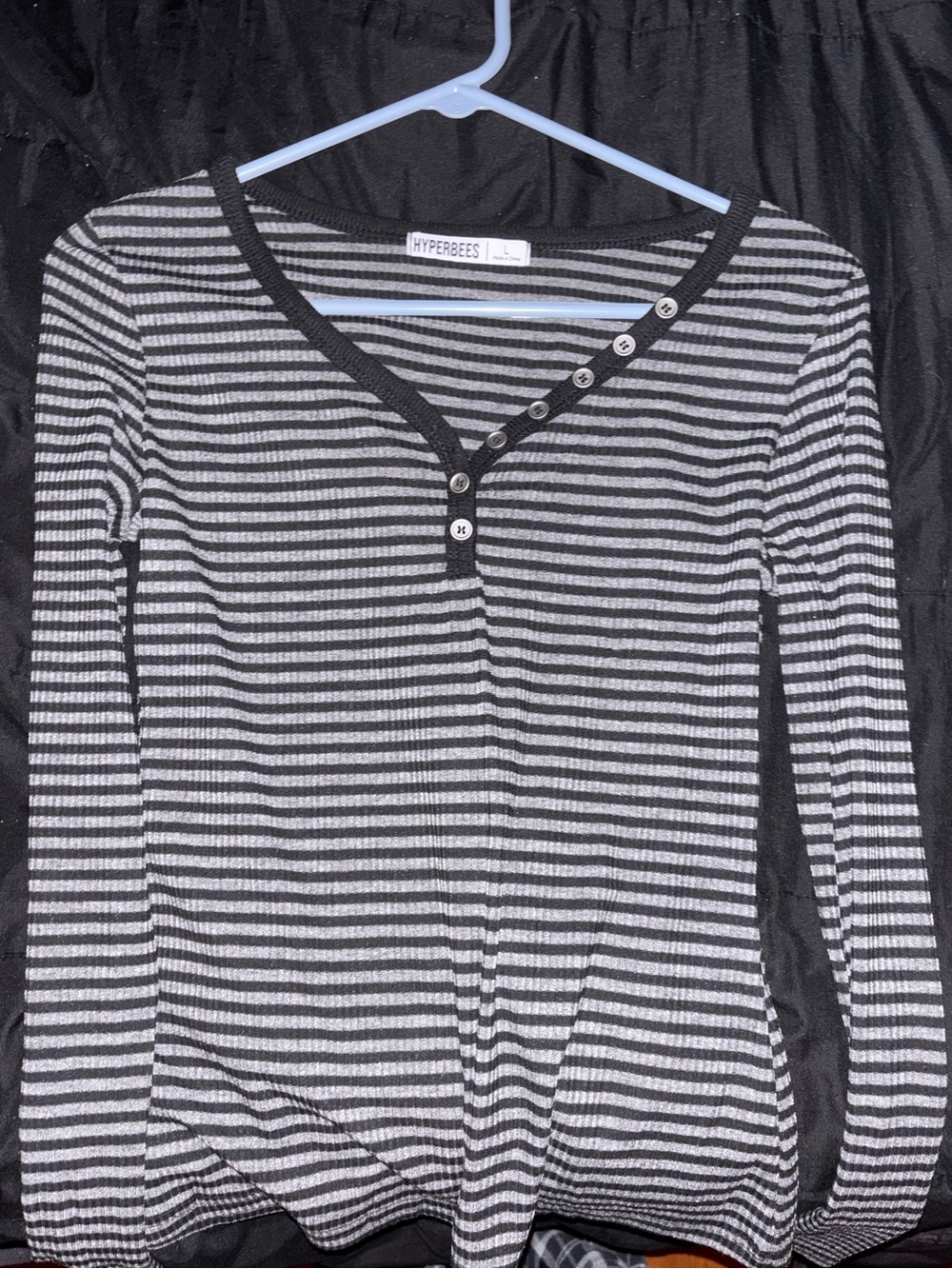 Hyperbees Black & White Striped Long Sleeve Henley Top